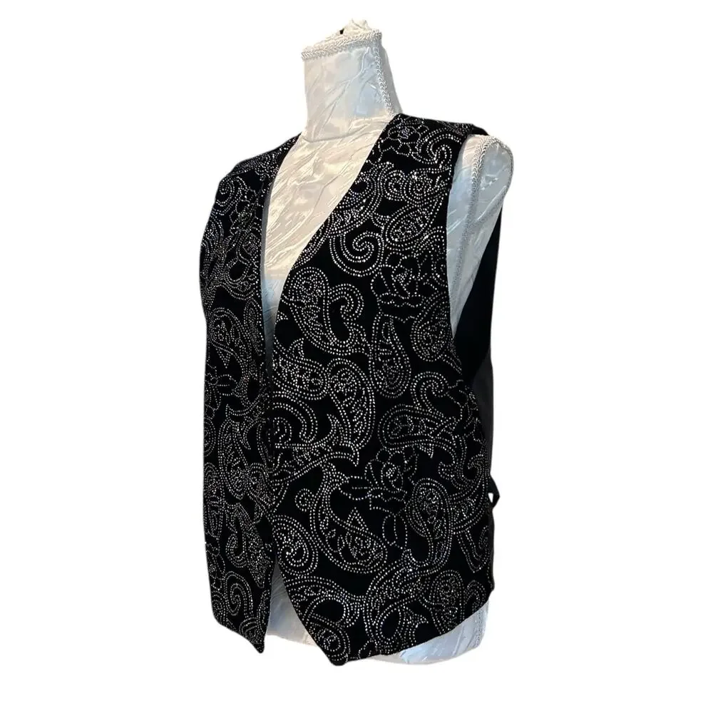 Vintage 80s Black Velvet Rhinestone Studded Vest Old Hollywood Medium